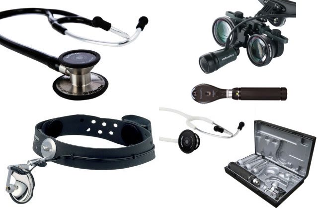 Stethoscope, binocular loupes, headlight and otoscope set